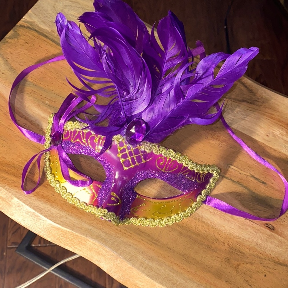 Mardi Gras mask purple & gold glitter glitz purple feathers, ribbon, & jewels​​